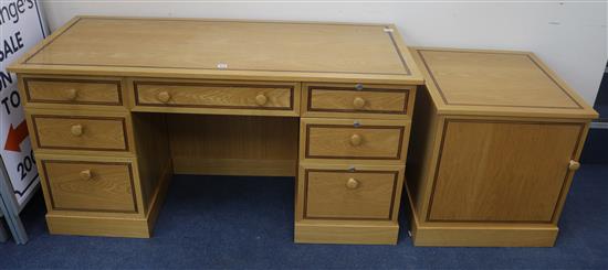 A modern oak pedestal desk and a matching file cabinet desk W.150cm cabinet W.63cm